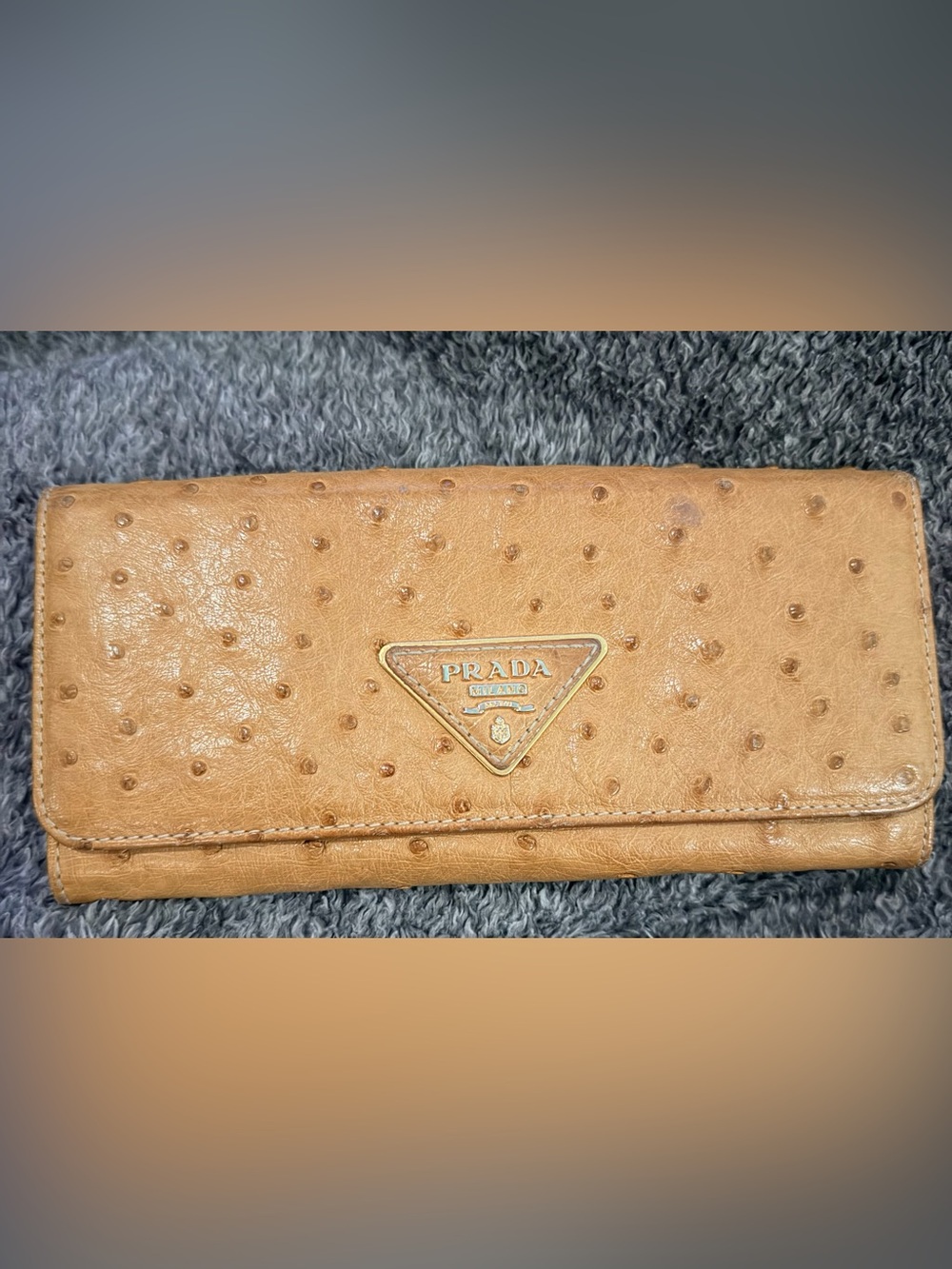 Authentic Prada Camel Ostrich-Texture Leather Continental Wallet